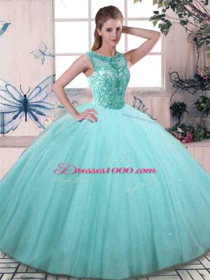 Luxurious Tulle Scoop Sleeveless Lace Up Beading 15th Birthday Dress in Aqua Blue