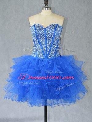 Cute Sleeveless Organza Mini Length Lace Up Homecoming Dress in Blue with Beading and Ruffles