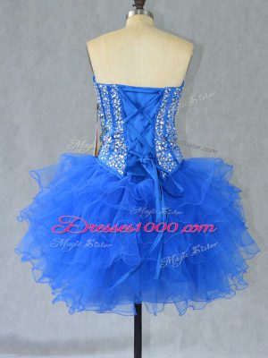 Cute Sleeveless Organza Mini Length Lace Up Homecoming Dress in Blue with Beading and Ruffles