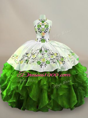 Elegant Green Organza Lace Up Halter Top Sleeveless Floor Length 15th Birthday Dress Embroidery