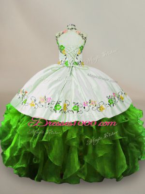 Elegant Green Organza Lace Up Halter Top Sleeveless Floor Length 15th Birthday Dress Embroidery