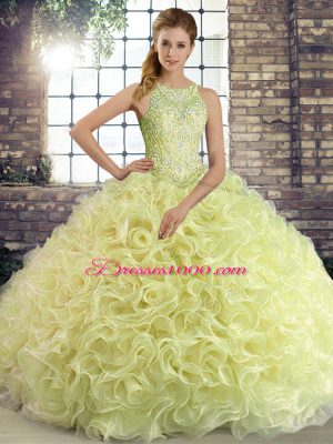 Pretty Sleeveless Floor Length Beading Lace Up Quince Ball Gowns with Yellow Green