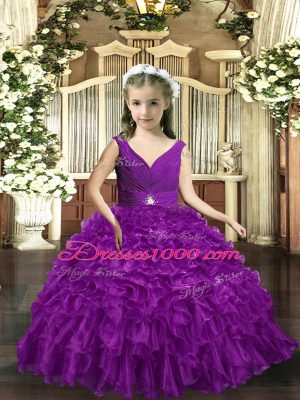 Best Eggplant Purple Sleeveless Ruffles Floor Length Teens Party Dress