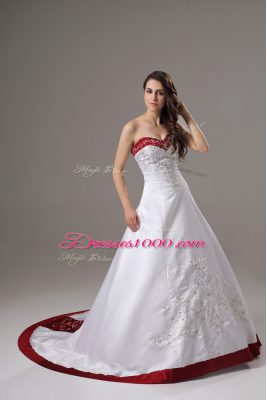 Wonderful White Sleeveless Satin Brush Train Lace Up Wedding Dresses for Wedding Party