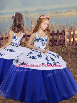 Royal Blue Straps Lace Up Embroidery High School Pageant Dress Sleeveless