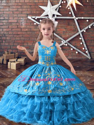 Baby Blue Ball Gowns Embroidery and Ruffled Layers Child Pageant Dress Lace Up Satin and Organza Sleeveless Floor Length