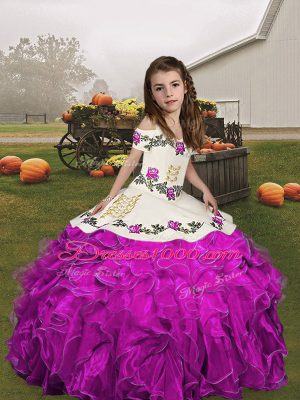 Top Selling Organza V-neck Sleeveless Lace Up Embroidery and Ruffles Party Dresses in Fuchsia