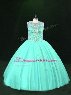 Super Turquoise Tulle Lace Up Ball Gown Prom Dress Sleeveless Floor Length Beading