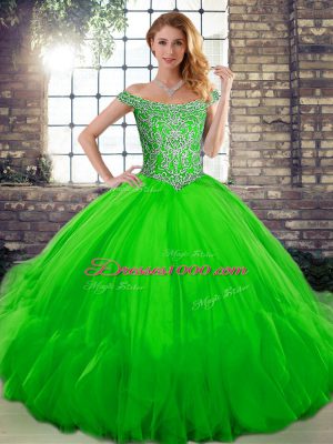 Floor Length Lace Up Quinceanera Gown Green for Military Ball and Sweet 16 and Quinceanera with Beading and Ruffles