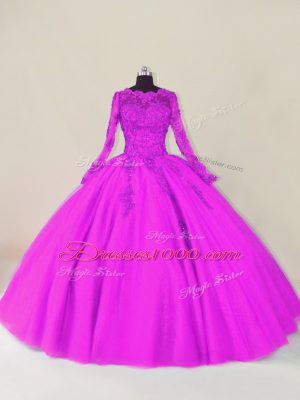 Admirable Purple Tulle Zipper Sweet 16 Dress Long Sleeves Floor Length Lace and Appliques