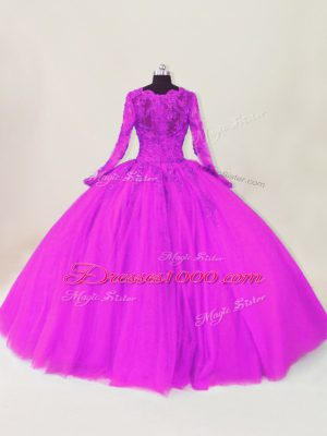 Admirable Purple Tulle Zipper Sweet 16 Dress Long Sleeves Floor Length Lace and Appliques