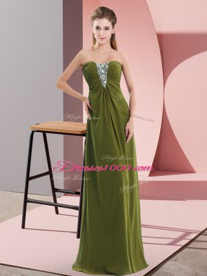 On Sale Olive Green Chiffon Zipper Hoco Dress Sleeveless Floor Length Beading