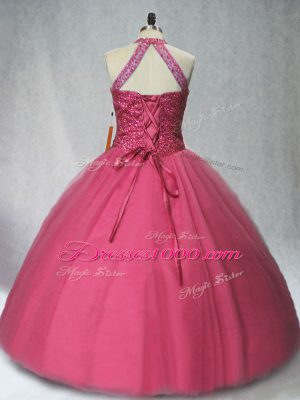 Floor Length Red Quinceanera Dress Halter Top Sleeveless Lace Up