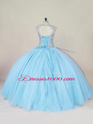 Admirable Blue Lace Up 15th Birthday Dress Beading Sleeveless Floor Length