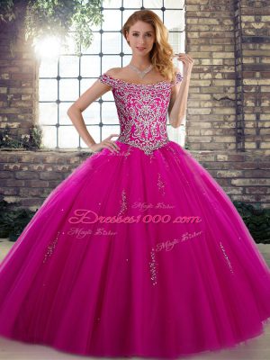 Off The Shoulder Sleeveless Lace Up Sweet 16 Dress Fuchsia Tulle