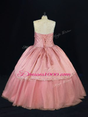 Pink Ball Gowns Tulle Scoop Sleeveless Beading Floor Length Lace Up Quinceanera Gown