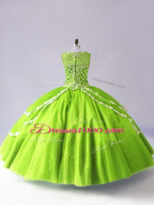 Customized Sleeveless Floor Length Beading and Appliques Zipper Quinceanera Gowns with