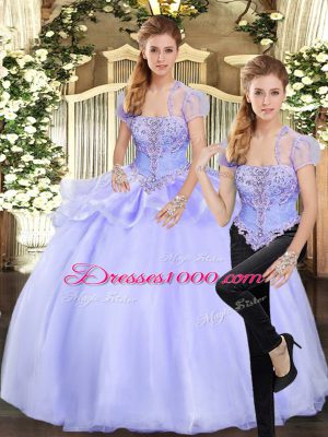 Strapless Sleeveless Quinceanera Dresses Floor Length Beading and Appliques Lavender Organza