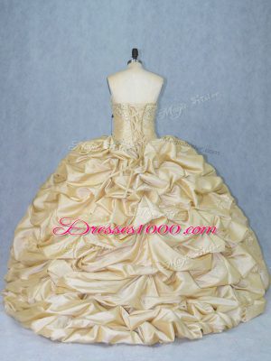 Custom Fit Champagne Organza and Taffeta Lace Up Sweetheart Sleeveless Quinceanera Gown Brush Train Beading and Appliques