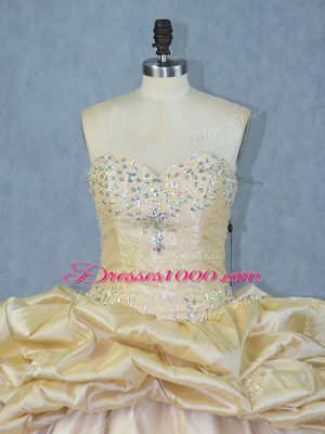 Custom Fit Champagne Organza and Taffeta Lace Up Sweetheart Sleeveless Quinceanera Gown Brush Train Beading and Appliques