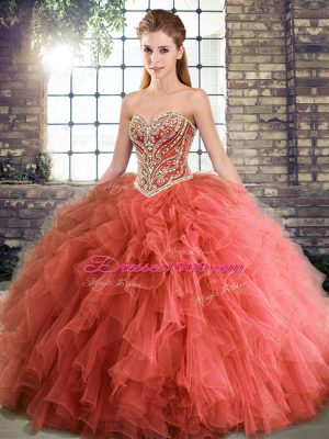 Customized Tulle Sweetheart Sleeveless Lace Up Beading and Ruffles Ball Gown Prom Dress in Coral Red