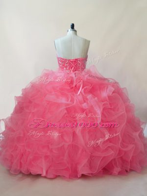 New Style Coral Red Sweetheart Lace Up Beading and Ruffles Sweet 16 Dress Sleeveless