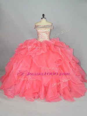 Designer Watermelon Red Off The Shoulder Lace Up Beading and Ruffles Quinceanera Dresses Sleeveless