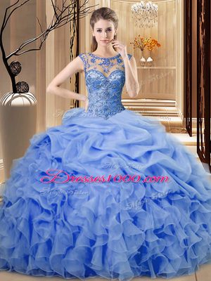 Charming Scoop Sleeveless Lace Up Quinceanera Dresses Blue Organza