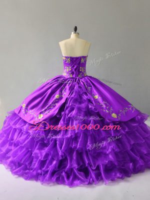 Pretty Purple Sleeveless Floor Length Embroidery and Ruffles Lace Up 15th Birthday Dress