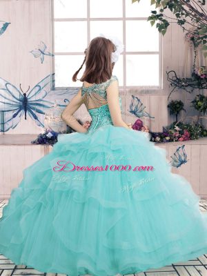 Beauteous Champagne Ball Gowns Tulle Off The Shoulder Sleeveless Beading and Ruffles Floor Length Lace Up Womens Party Dresses