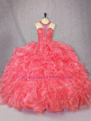 Coral Red Ball Gowns Scoop Sleeveless Organza Floor Length Zipper Beading and Ruffles Ball Gown Prom Dress