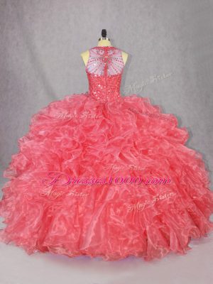 Coral Red Ball Gowns Scoop Sleeveless Organza Floor Length Zipper Beading and Ruffles Ball Gown Prom Dress