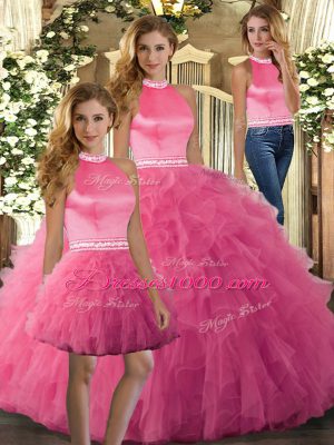 Excellent Ruffles Quinceanera Gowns Hot Pink Backless Sleeveless Floor Length