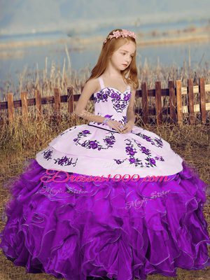 Custom Designed Floor Length Purple Kids Formal Wear Organza Sleeveless Embroidery
