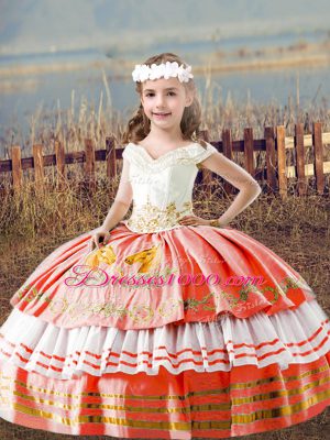 Fancy Off The Shoulder Sleeveless Lace Up Little Girl Pageant Gowns Orange Red Satin