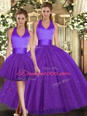 Discount Purple Sequined Lace Up Halter Top Sleeveless Floor Length Quince Ball Gowns Ruching