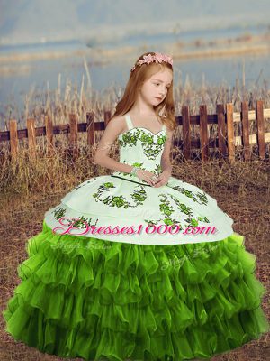 Customized Sleeveless Lace Up Floor Length Embroidery and Ruffled Layers Kids Pageant Dress