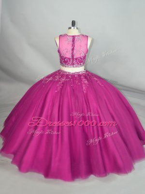 Low Price Fuchsia Sleeveless Tulle Zipper Ball Gown Prom Dress for Sweet 16 and Quinceanera