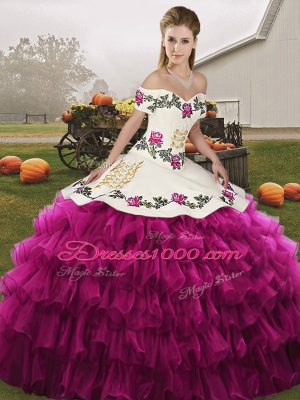 Suitable Fuchsia Lace Up Off The Shoulder Embroidery and Ruffled Layers Ball Gown Prom Dress Organza Sleeveless