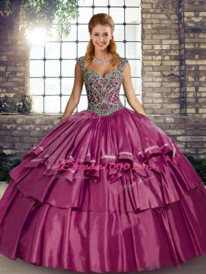 Lovely Beading and Ruffled Layers Quinceanera Gowns Fuchsia Lace Up Sleeveless Floor Length
