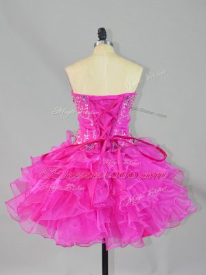 Flirting Fuchsia Organza Lace Up Strapless Sleeveless Mini Length Beading and Ruffles