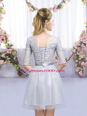 Beauteous Grey Court Dresses for Sweet 16 Wedding Party with Lace and Belt Scoop Half Sleeves Lace Up