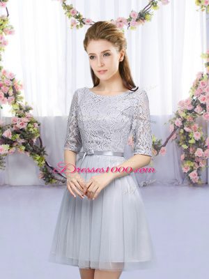 Beauteous Grey Court Dresses for Sweet 16 Wedding Party with Lace and Belt Scoop Half Sleeves Lace Up