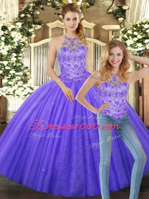 Pretty Halter Top Sleeveless Lace Up 15th Birthday Dress Lavender Tulle