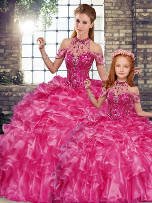 New Arrival Halter Top Sleeveless Lace Up Sweet 16 Quinceanera Dress Fuchsia Organza