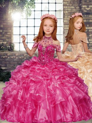 New Arrival Halter Top Sleeveless Lace Up Sweet 16 Quinceanera Dress Fuchsia Organza