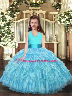 Affordable Aqua Blue Organza Lace Up Pageant Dress for Teens Sleeveless Floor Length Ruffled Layers
