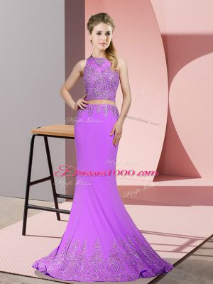 Sleeveless Beading and Appliques Zipper Prom Evening Gown with Lavender Sweep Train