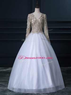 White V-neck Zipper Lace Bridal Gown Long Sleeves