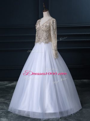 White V-neck Zipper Lace Bridal Gown Long Sleeves